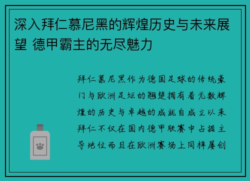 深入拜仁慕尼黑的辉煌历史与未来展望 德甲霸主的无尽魅力