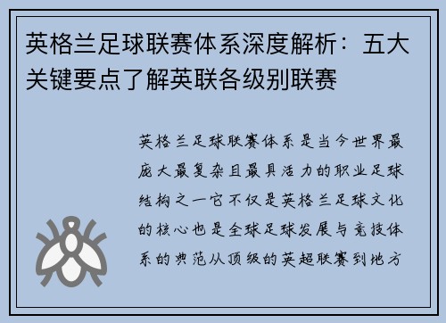 英格兰足球联赛体系深度解析：五大关键要点了解英联各级别联赛