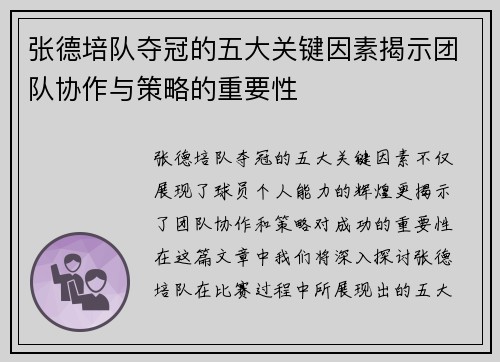 张德培队夺冠的五大关键因素揭示团队协作与策略的重要性